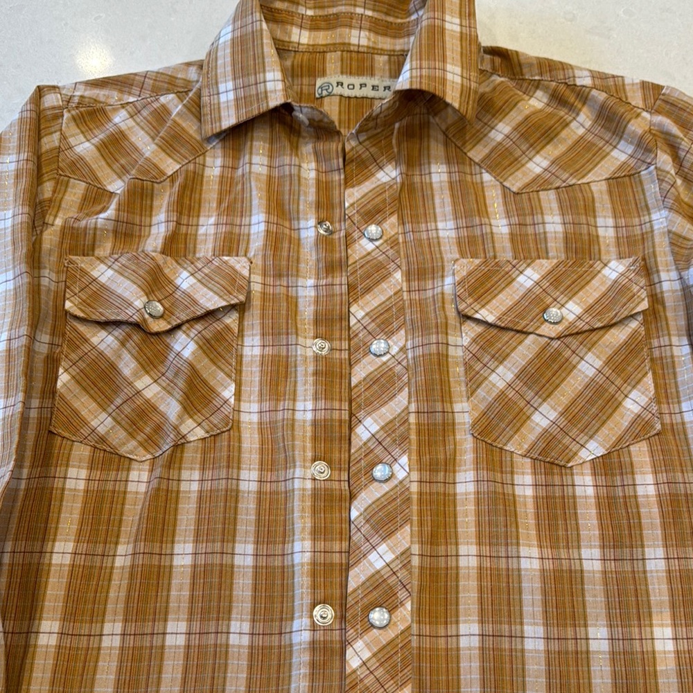 Roper kids size med super cool looking, snaps for ease, Plaid Shirt gold thread.